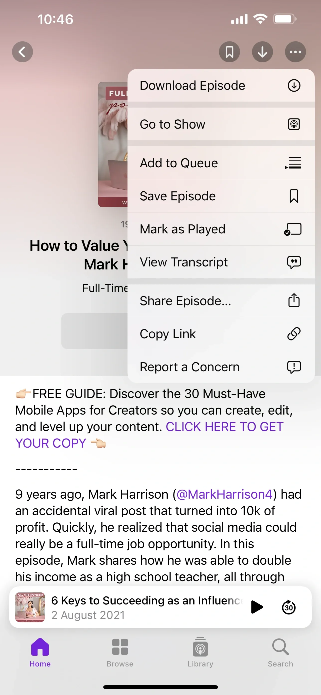 Image showing a podcast episode in Apple Podcasts with the three dots menu opened, highlighting the ‘Download Episode’ option. Step two in how to download episodes on Apple Podcasts