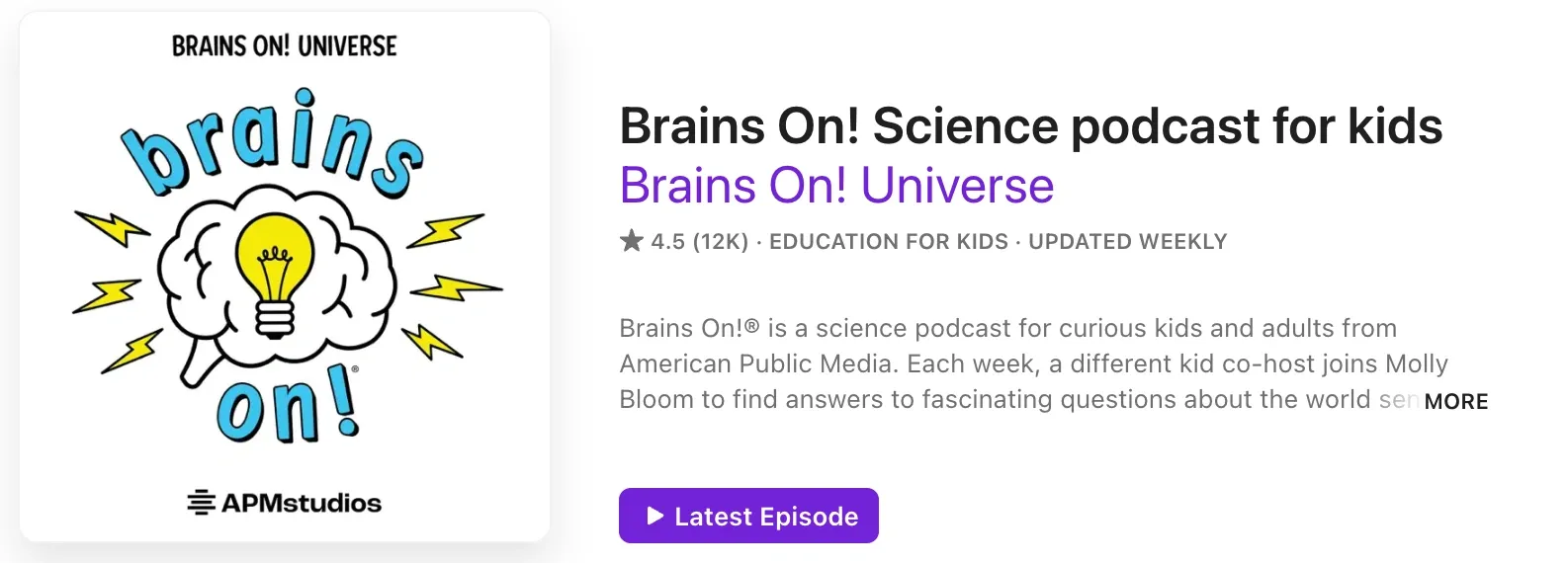 Brains On! podcast cover featuring an animated brain, illustrating the fun and educational nature of the science podcast for kids