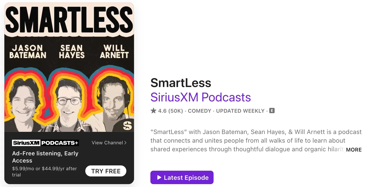 SmartLess podcast cover featuring hosts Jason Bateman, Sean Hayes, and Will Arnett, known for their comedy-filled interviews with surprise guests