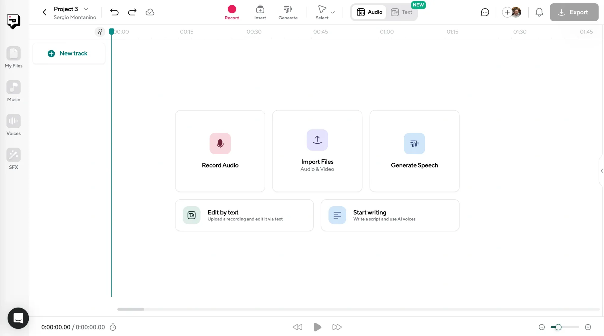 Podcastle’s digital audio production studio with options to import audio files or record new audio directly in the platform