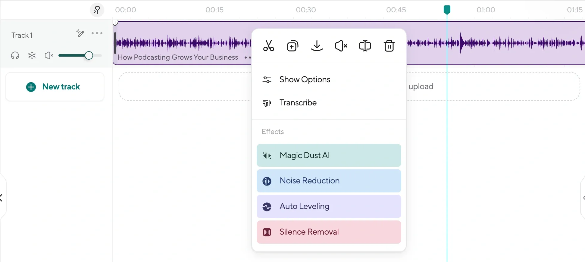 AI-powered audio enhancement tools in Podcastle, showing options for improving sound quality and professionalizing podcast recordings