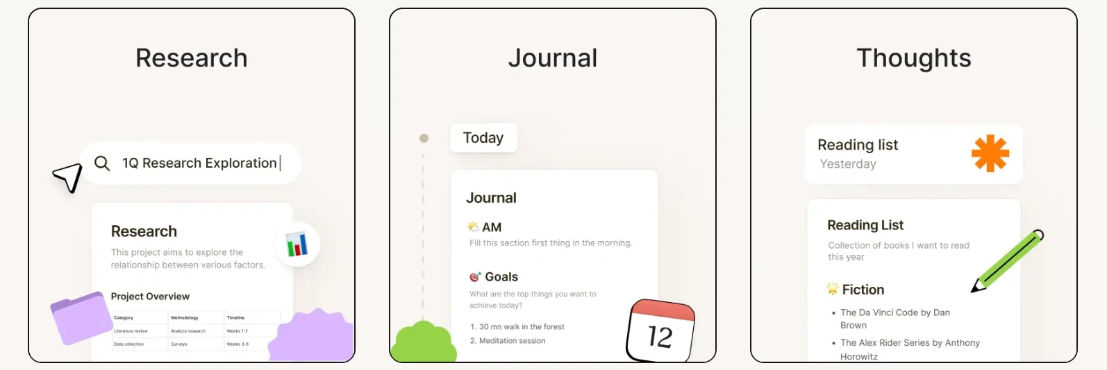 Screenshot of Evernote's product, showcasing various use cases for digital journaling, from notes to research and tags