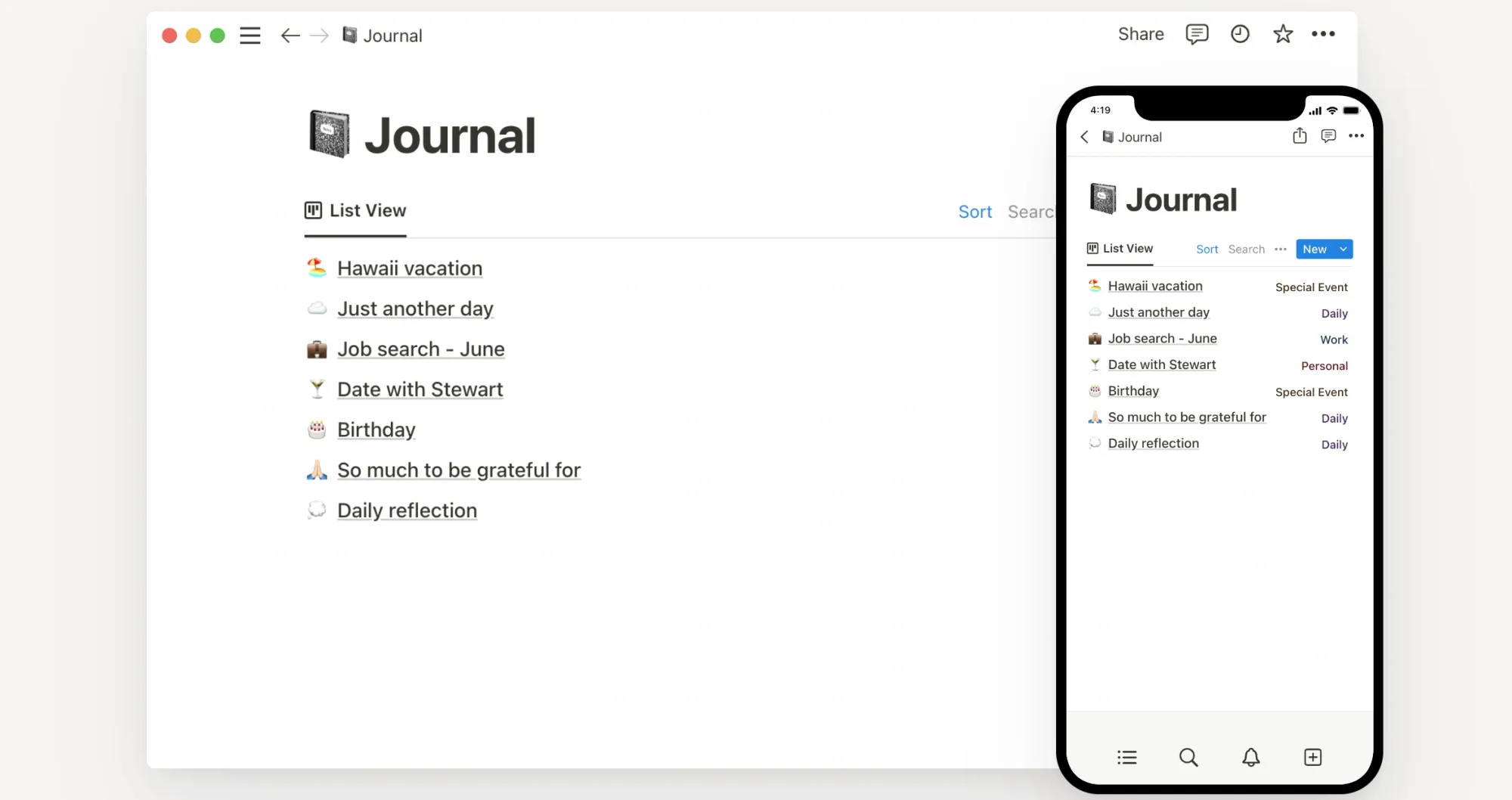 Screenshot of Notion workspace, set up for structured journaling with templates for daily reflections, mood tracking, and goal-setting.