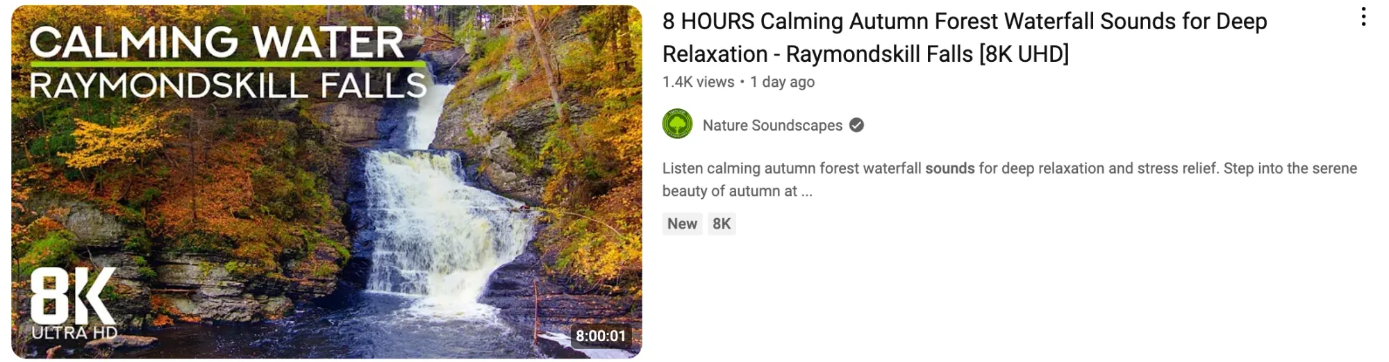 A faceless YouTube video of natural landscapes, like forests and oceans, with sound icons indicating ambient noise in the thumbnail.