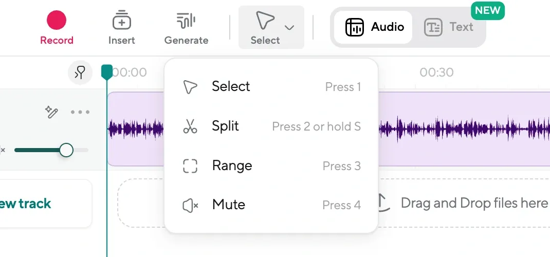 Editing dashboard in Podcastle showing the split tool used to cut and edit audio tracks with highlighted sections for removing errors