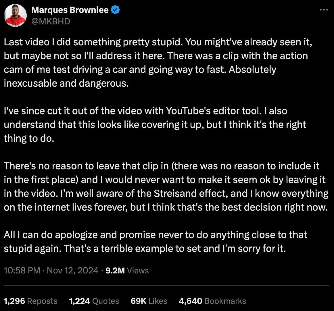 Marques Brownlee apologizes on Twitter for speeding incident, addresses video edits to avoid glorifying dangerous behavior.