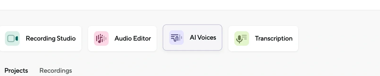 Menu with AI Voices section highlighted alongside options for Recording Studio, Audio Editor, and Transcription.