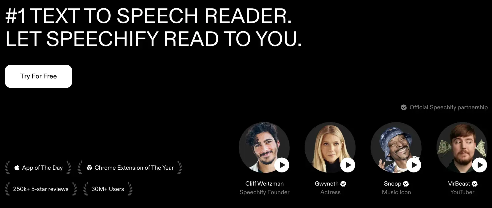 Speechify text-to-speech reader featuring lifelike voices and celebrity endorsements like MrBeast and Snoop Dogg.