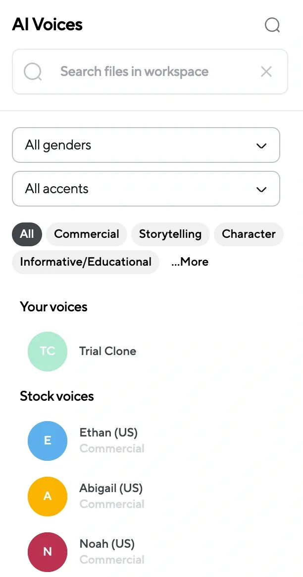 AI Voices interface showing available voice options like “Ethan” and “Abigail,” with an input field for script text.