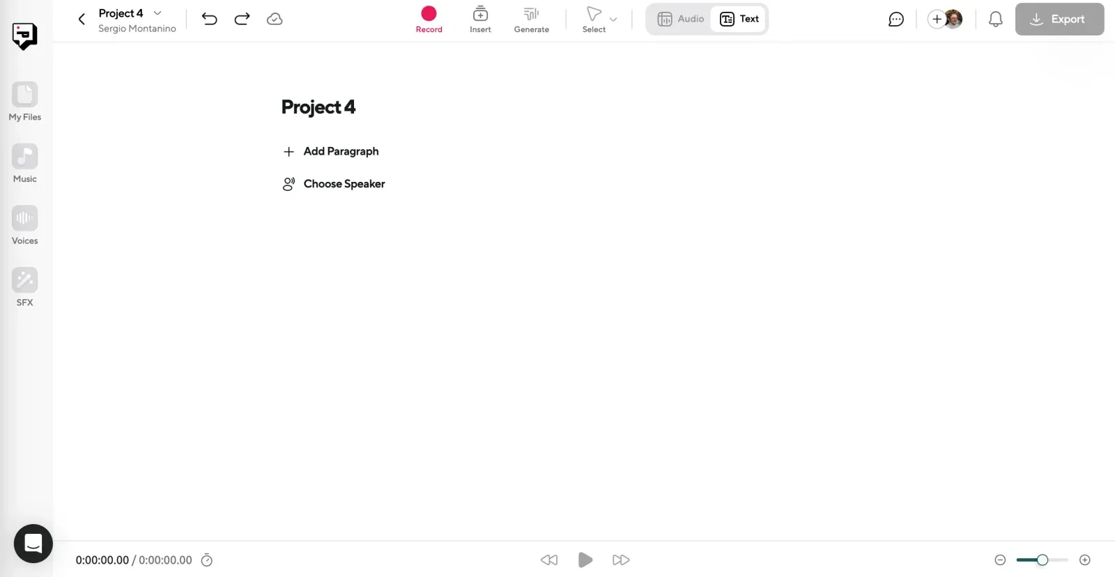 Screenshot of AI Voice project dashboard where you can generate text to speech.