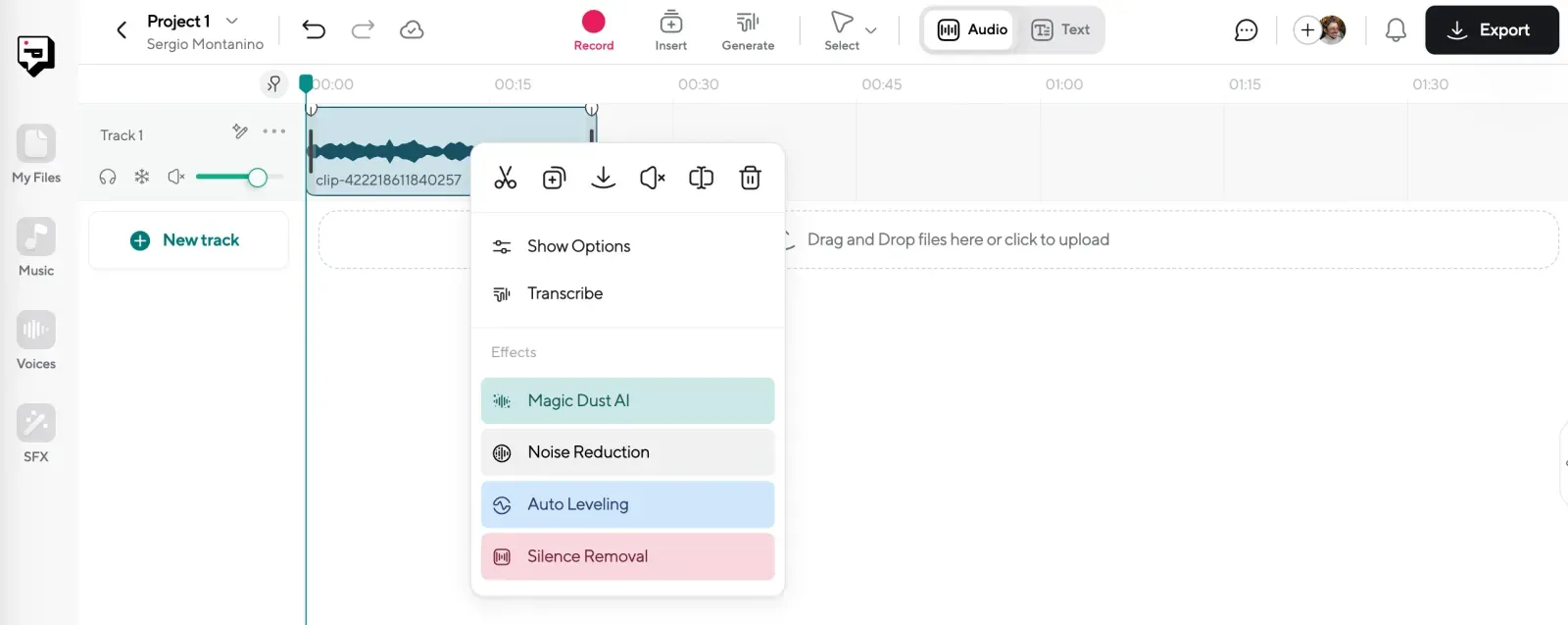 Audio timeline for managing AI voice recordings in Podcastle.