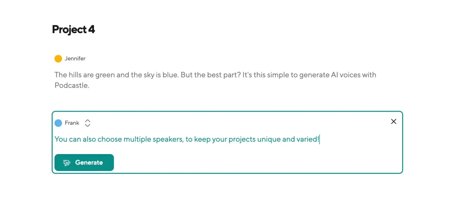 Podcastle AI voices project interface showing multiple speakers and a script editor for generating diverse voiceovers.