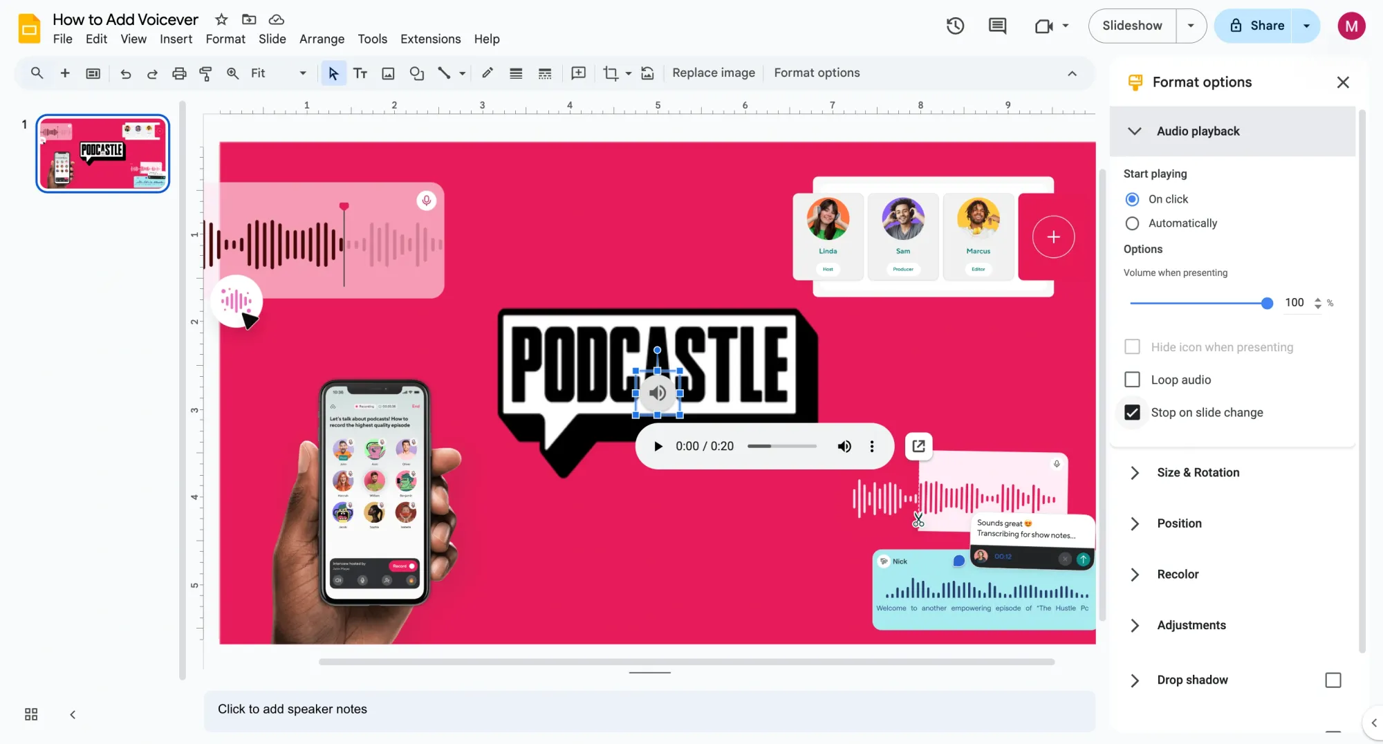 Display of google slides voiceover with format options for audio file.