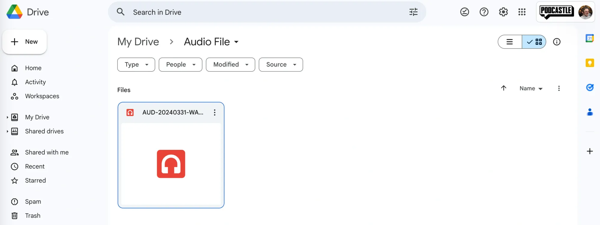 Screenshot of Google Drive's dashboard showing audio file for voiceover in a google drive folder.