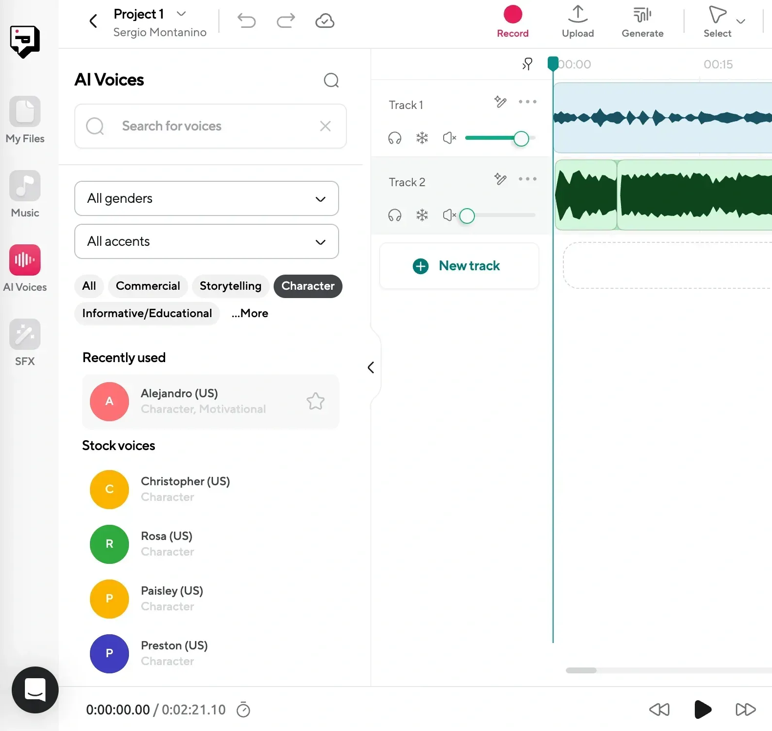 Podcastle’s AI voice selection menu showing various accents, tones, and styles for customizable voiceovers.