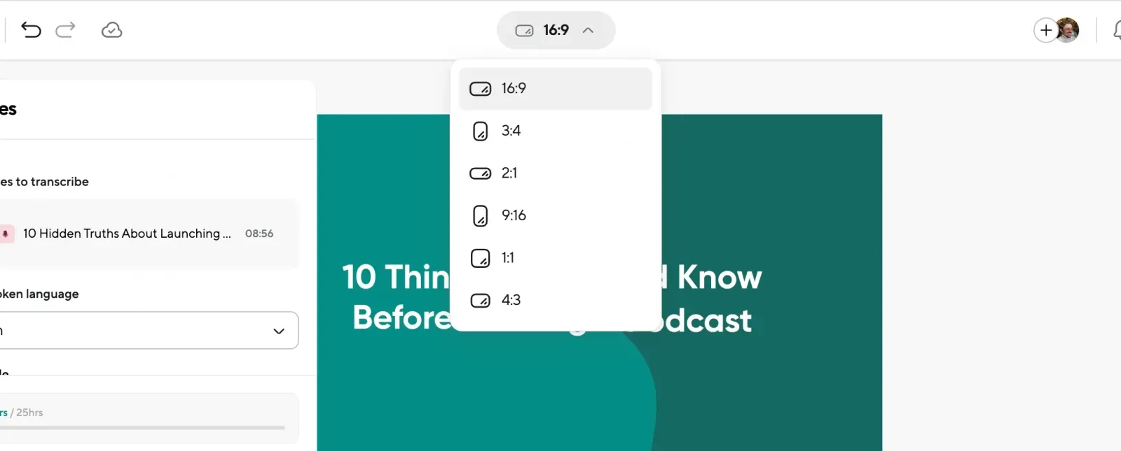 Pengaturan rasio aspek Podcastle, membuatnya mudah untuk mengubah ukuran podcast video untuk YouTube, Tiktok, dan Instagram.