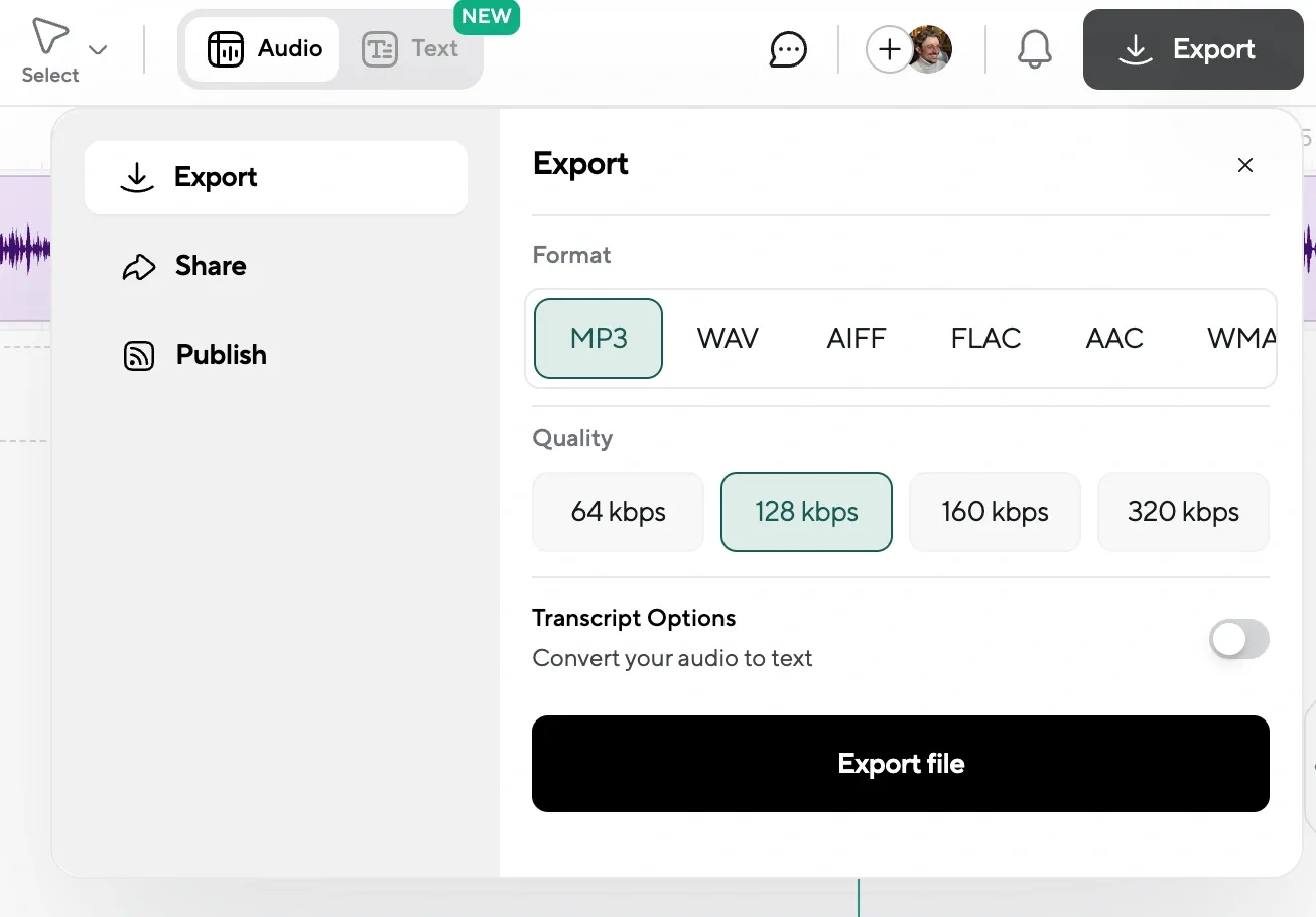 Export menu for AI-generated voiceovers, allowing users to save recordings with different accents in MP3 or WAV formats.