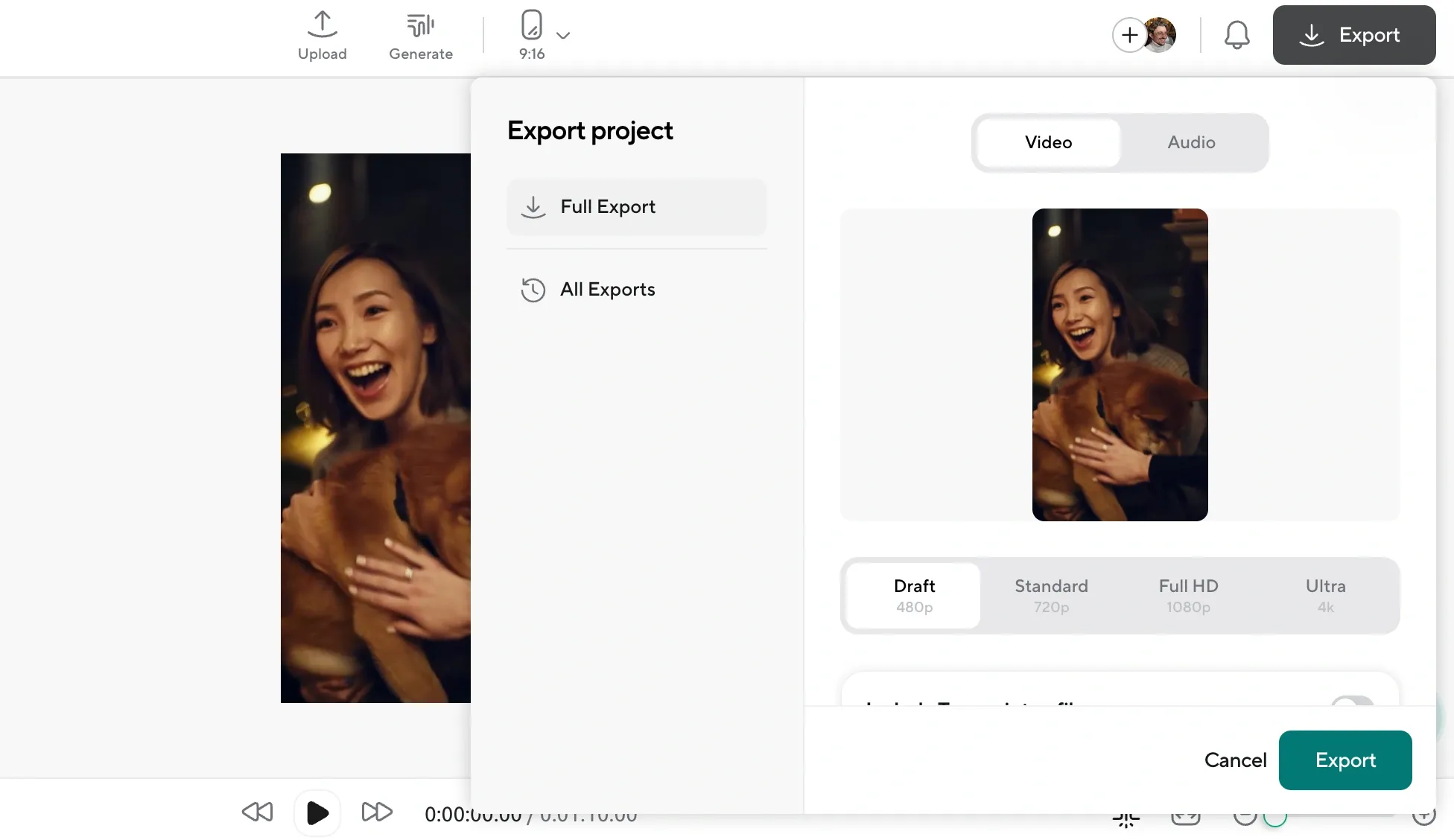 Export panel showing a vertical video preview and options for video resolution.