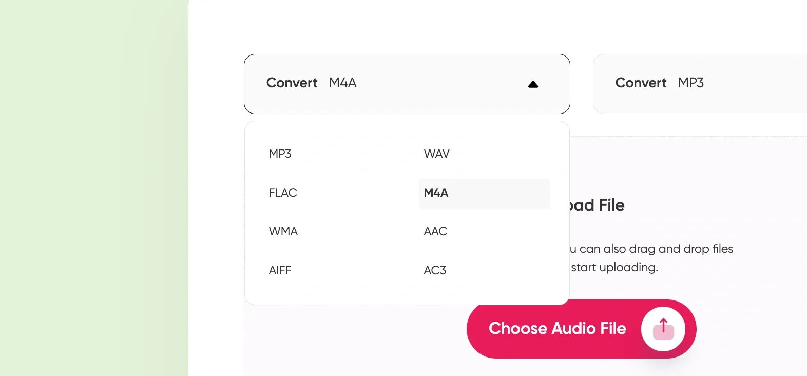 Dropdown showing M4A selected as input with WAV among format options to convert M4A to WAV.