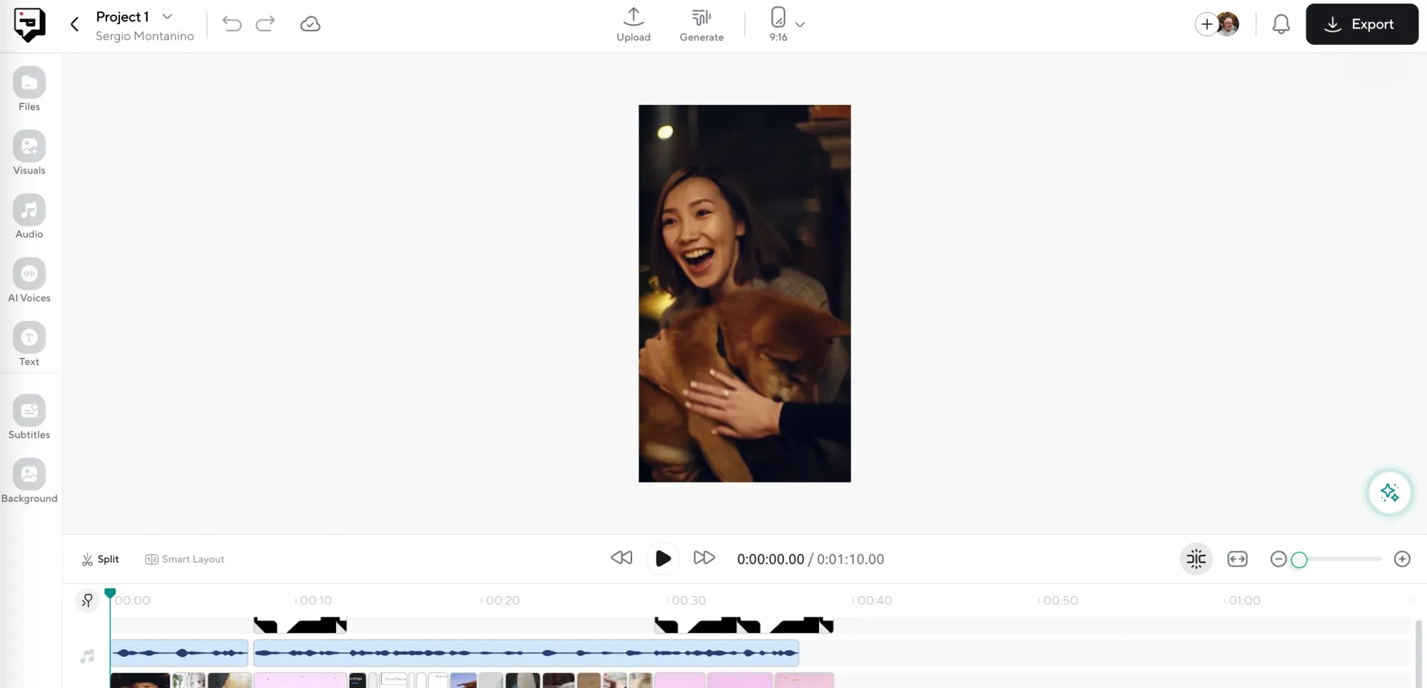 Timeline view in Podcastle editor showing video, voice, and media tracks for a 9:16 vertical TikTok-style video.