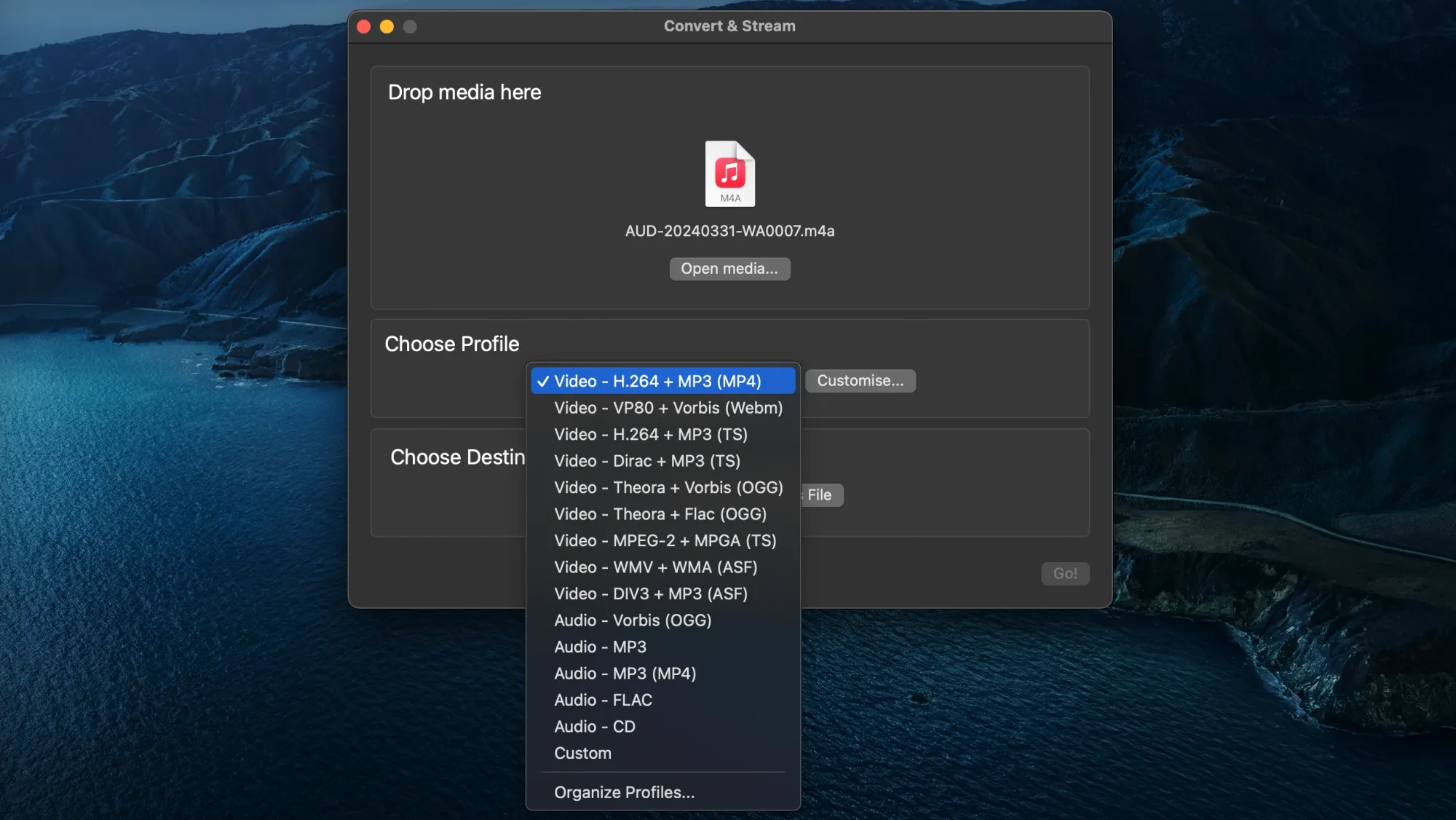 VLC Convert & Stream panel with M4A file loaded and WAV format selected for export.
