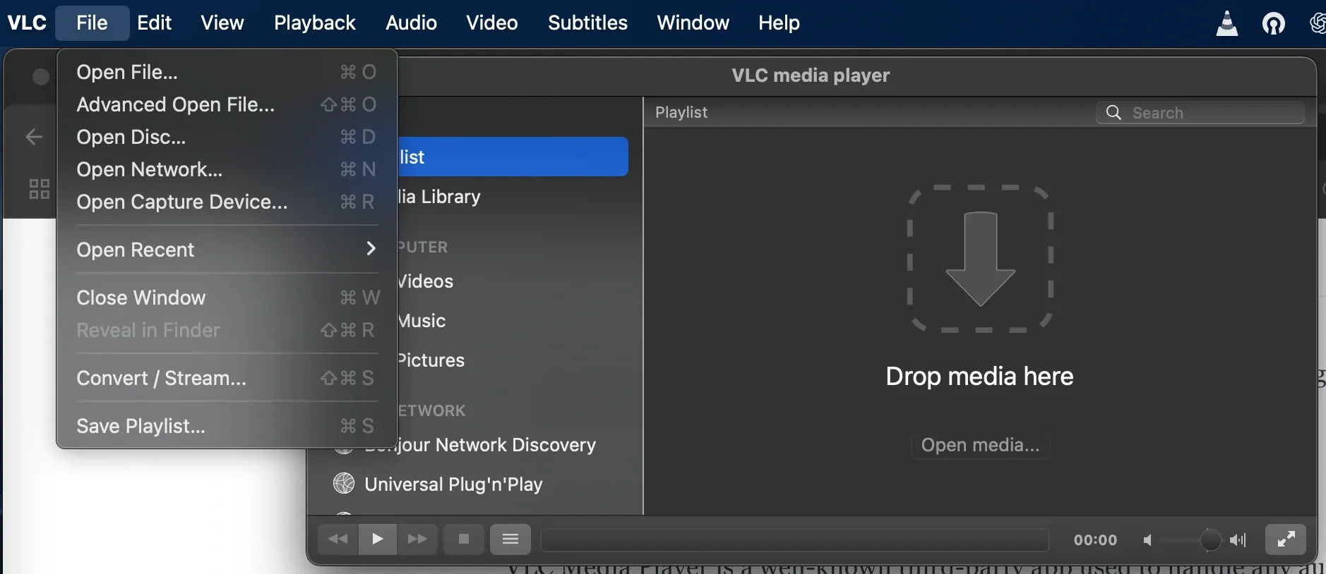 VLC Media Player menu showing Convert/Stream option for M4A to WAV audio conversion.