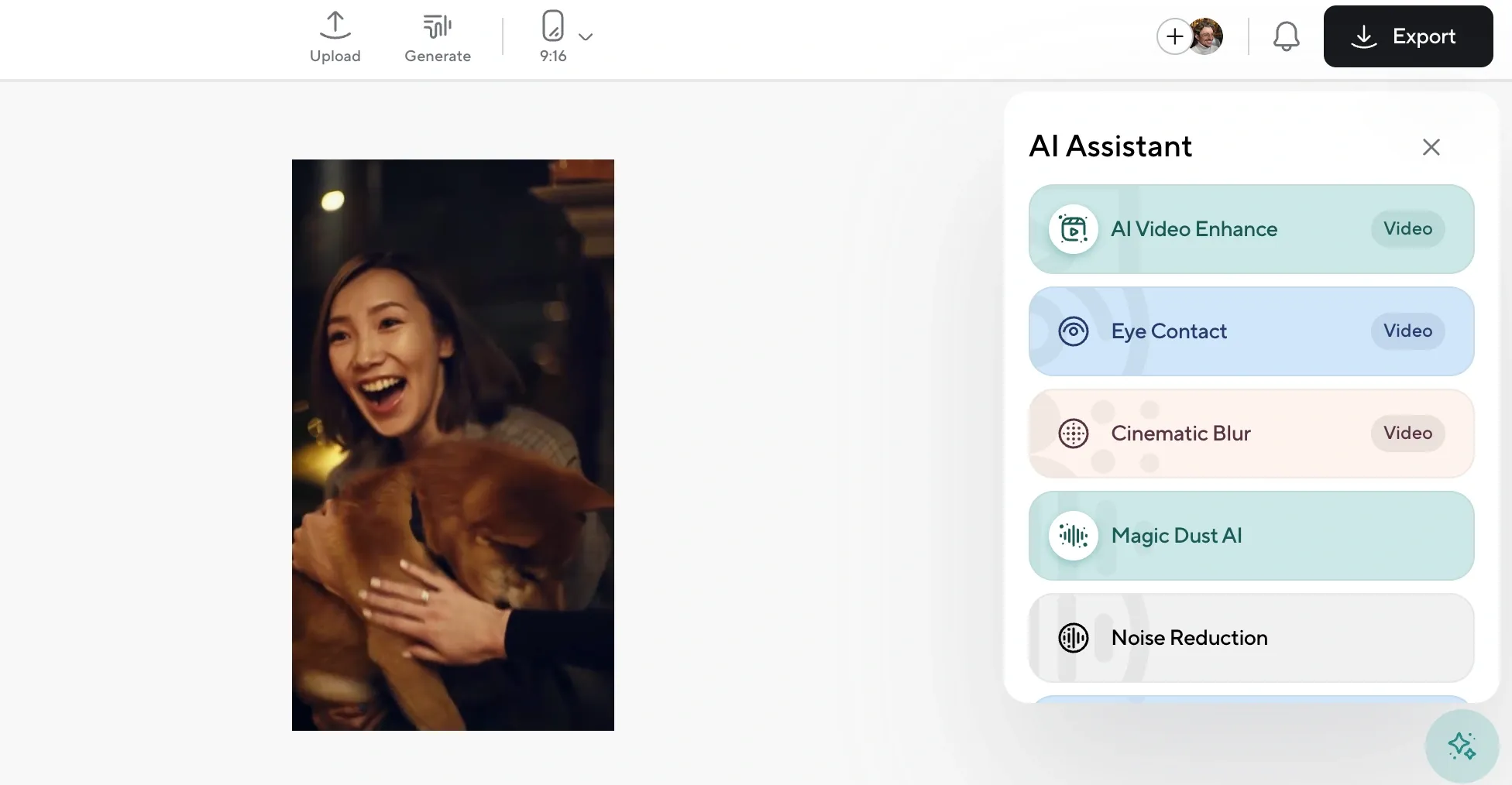 Podcastle AI Assistant menu with tools like AI Video Enhance, Eye Contact, Cinematic Blur, and Noise Reduction.