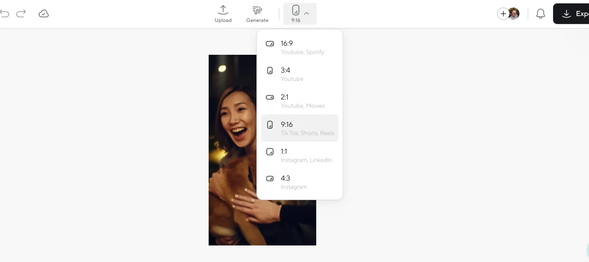 Podcastle editor with aspect ratio menu open, showing 9:16 format selected for TikTok, Shorts, or Reels.