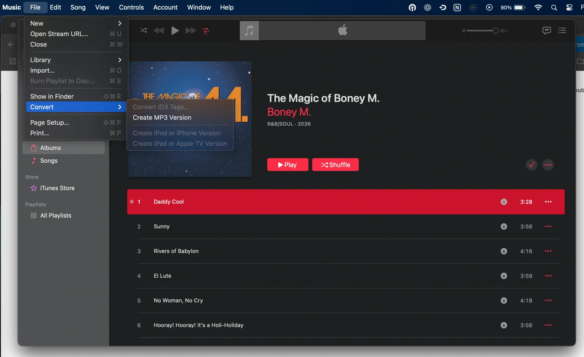iTunes menu with Convert to MP3 option for changing M4A songs to FLAC or MP3 on Mac.