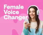 Woman with headphones, using a female voice changer AI app on her smartphone