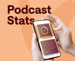 Person holing smartphone displaying podcast stats
