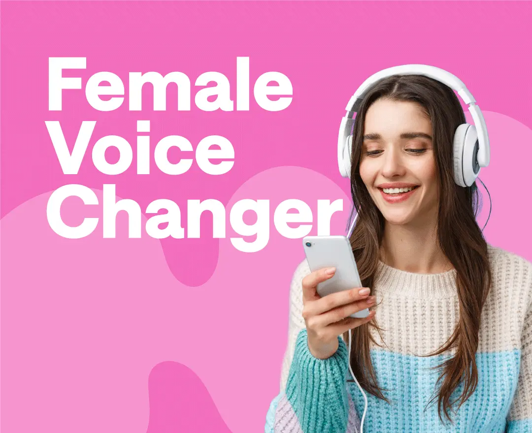 Woman with headphones, using a female voice changer AI app on her smartphone
